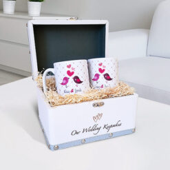 Our Wedding Keepsake Box With Personalised Love Birds Mugs